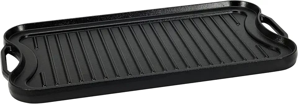 Amazon Basics Pre-Seasoned Cast Iron Reversible Rectangular Grill/Griddle with Even Heat Distribution, Black, 20 x 10.63 x 0.98 inch