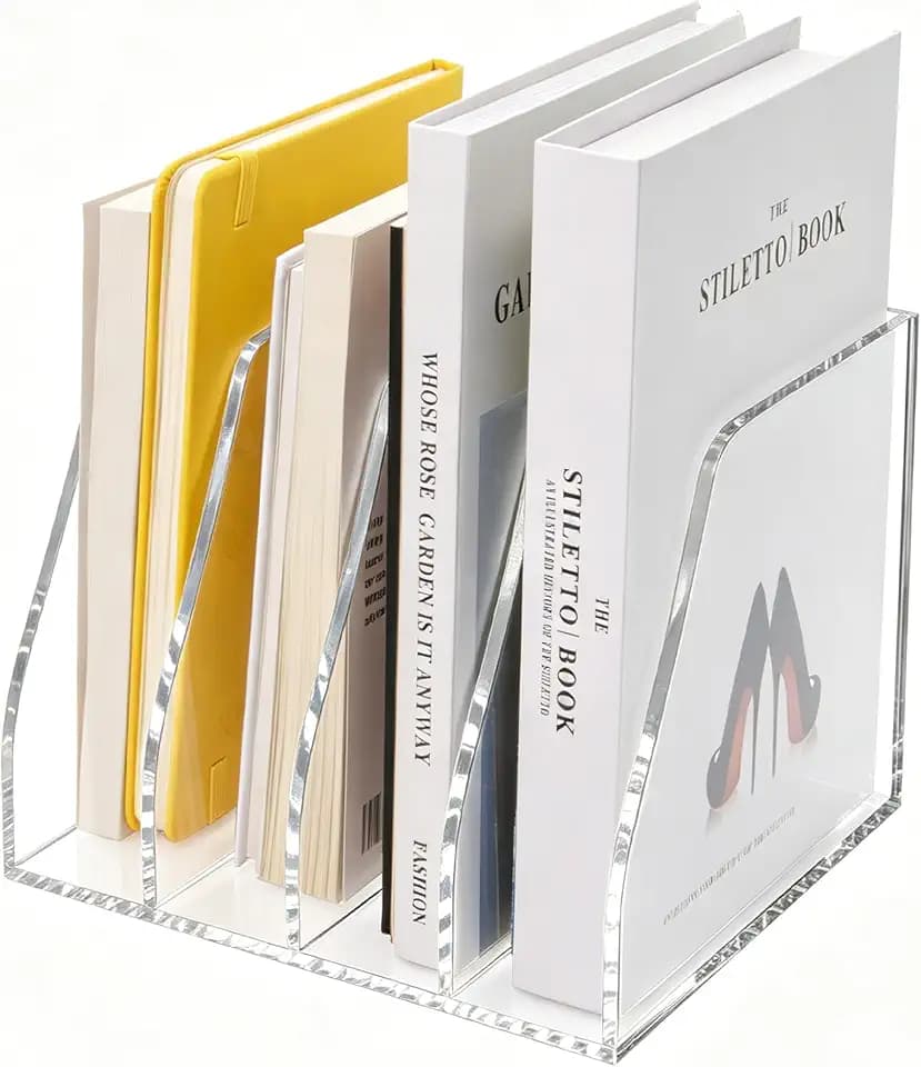 Lovemolly Acrylic Magazine File Holder – 4-Slot Clear Desk Organizer, Vertical Document Sorter for Office, Home & Classroom, No-Assembly Tabletop Rack for Folders, Books & Tablets, 7.09x8.07x6.3 in