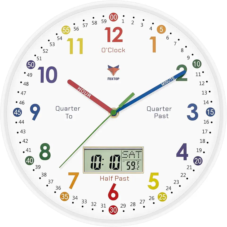 Foxtop Digital and Analog Learning Clock for Kids - Telling Time Teaching Clock 12 Inch Silent Non-Ticking Battery Operated Kids Wall Clock for Kids Room Playroom Nursery Classroom School (White)