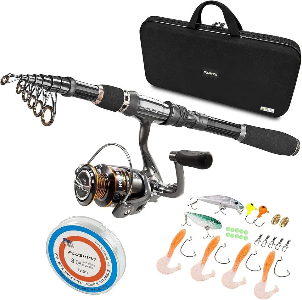 PLUSINNO Collapsible Telescopic Fishing Rod Pole and Reel Combo Starter Kit