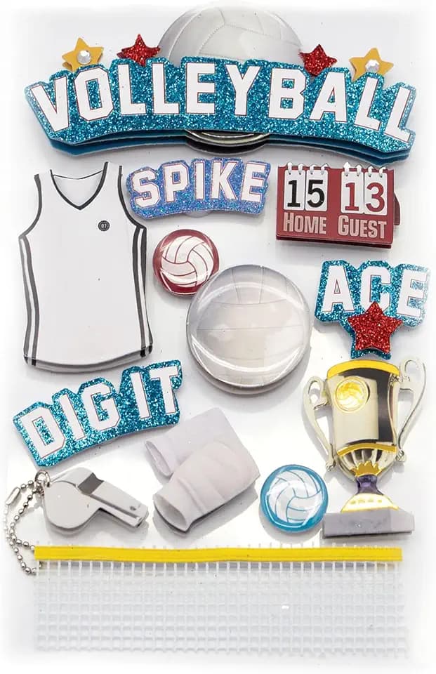 Paper House Productions Die-Cut Dimensional & Glitter Accent Scrapbook Sticker Sheet - Volleyball