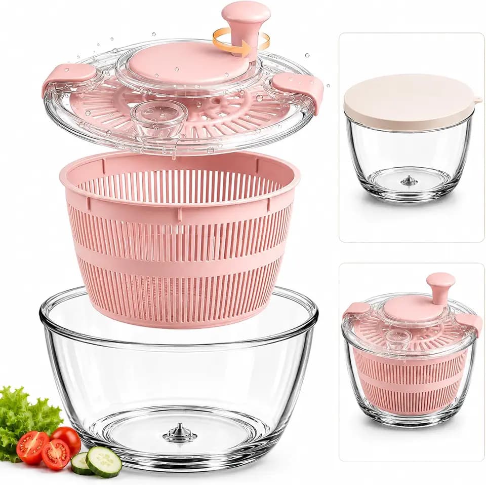 High Borosilicate Glass Salad Spinner with Microwave Safe Bowl | 5.2 Quart Large Lettuce Vegetable Washer Dryer | Easy Pump Dehydrator for Fruits Greens | Durable Easy Clean Food Prep Tool (Pink)