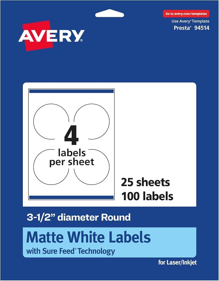 Avery® Matte White Round Labels, Sure Feed® Technology, 3.5" Diameter, 100 Matte White Printable Labels
