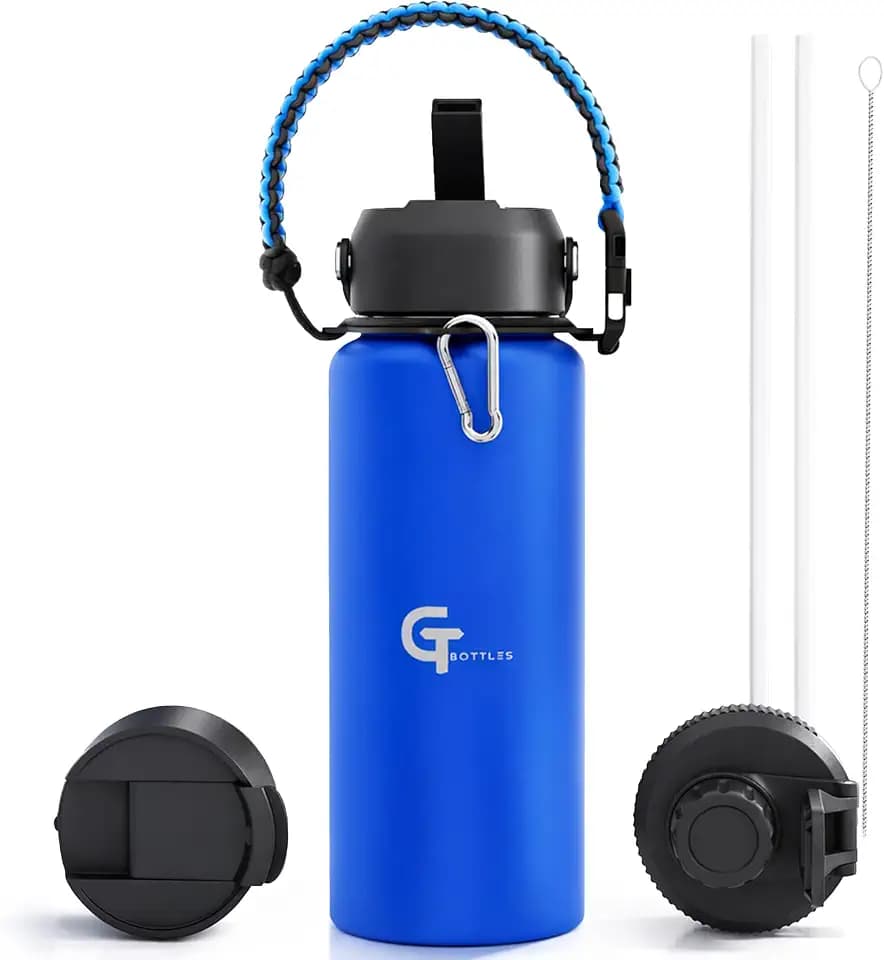 32oz Insulated Stainless Steel Water Bottle with 3 Lids & Paracord Handle – Leakproof Wide Mouth Metal Sports Bottle for Gym, School & Travel (Dark Blue, 32oz)