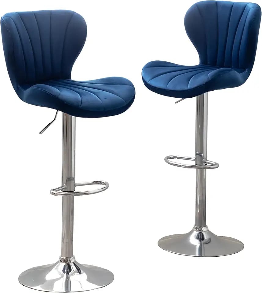 Roundhill Furniture Ellston Velvet Adjustable Swivel Barstools in Blue, Set of 2