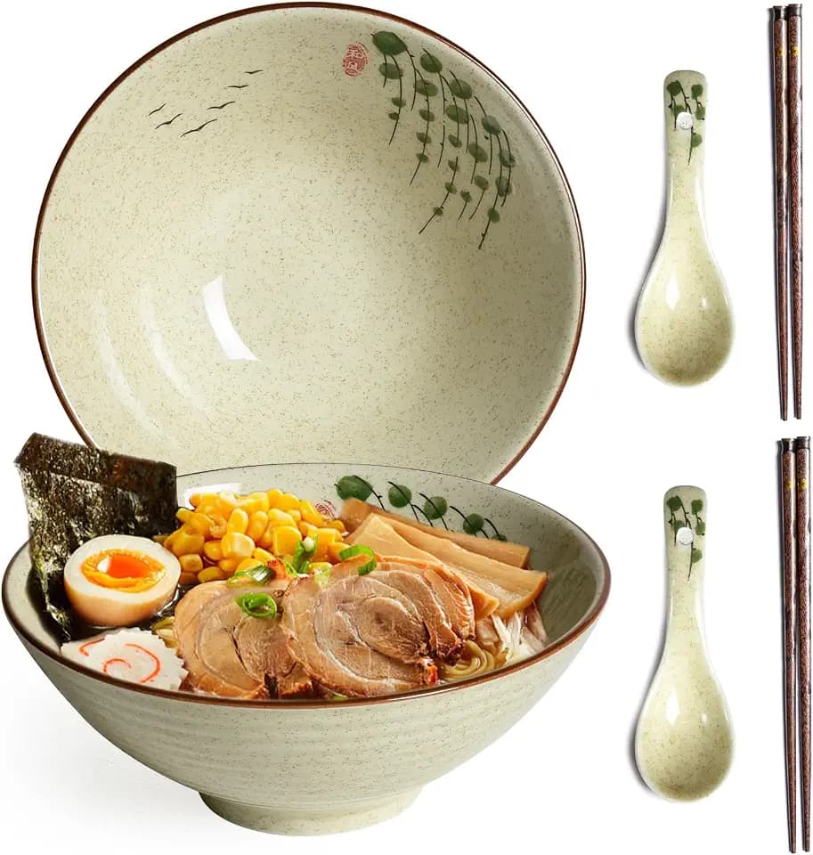 Ceramic Ramen Bowl Set of 2, 40oz Japanese Noodle Bowls with Spoons & Chopsticks Porcelain Large Soup Bowl for Pho, Udon, Retro Style Tableware Microwave & Dishwasher Safe, Twig
