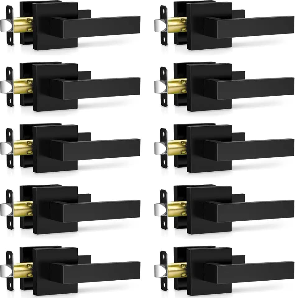 Plustool 10 Pack Matte Black Door Handles Interior, Passage Door Knobs Closet Door Levers for Hallway, Heavy Duty Square Doorknob Non-Locking Handlesets for Left & Right Sided Doors