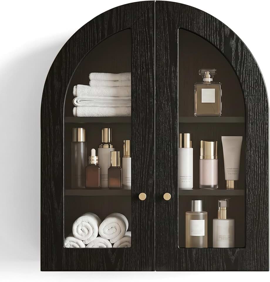 Arched Wall Cabinet, Over The Toilet Storage Cabinet, Bathroom Cabinet Wall Mount with Glass Doors & Adjustable Shelf, Floating Medicine Cabinet for Bathroom, Kitchen, Living Room Storage, Black