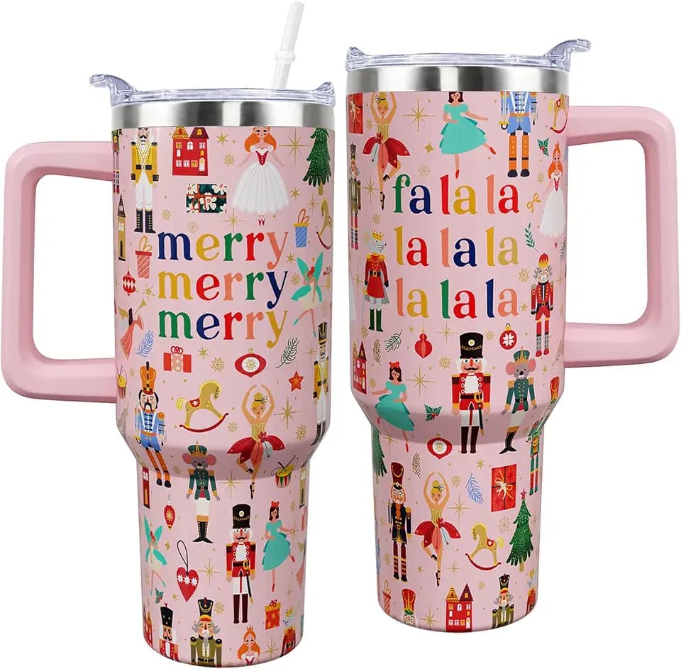 Christmas Nutcracker Tumbler with Handle 40oz, Cute Nutcracker Cup Gifts for Dancers Girls, Stainless Steel Holiday Christmas Insulated Tumblers Water Bottle Travel Mug, Pink (Only One)