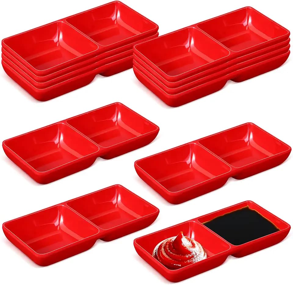 Gejoy 12 Pcs Dual Dipping Sauce Bowls Soy Sauce Dish Bowls, Red