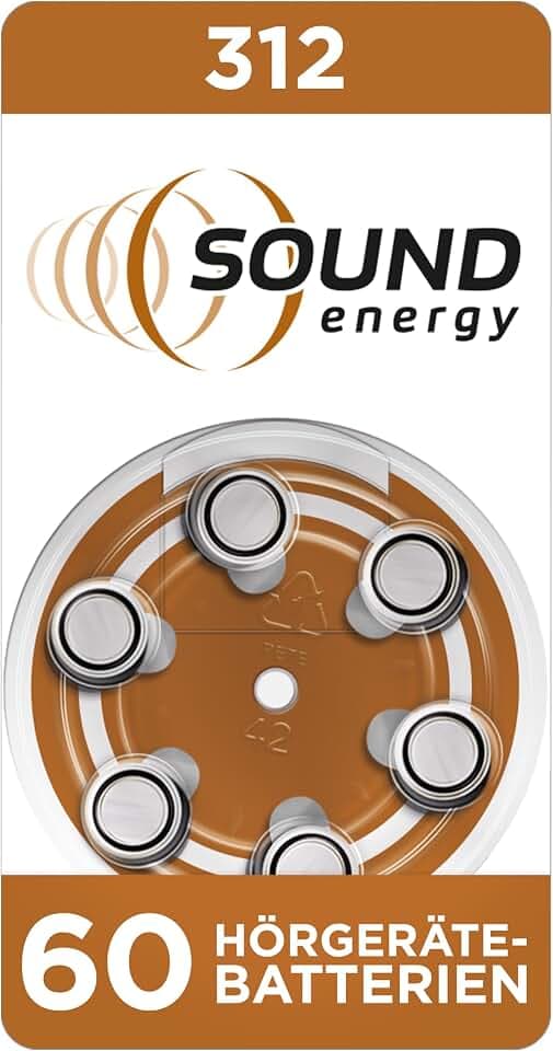 Energizer Sound Energy Hörgerätebatterien Größe 312 (60 Stück) Vorratspack | Zink-Luft, Lange Laufzeit, quecksilberfrei, Batterien für Hörgeräte & Hörhilfen, Exklusiv bei Amazon