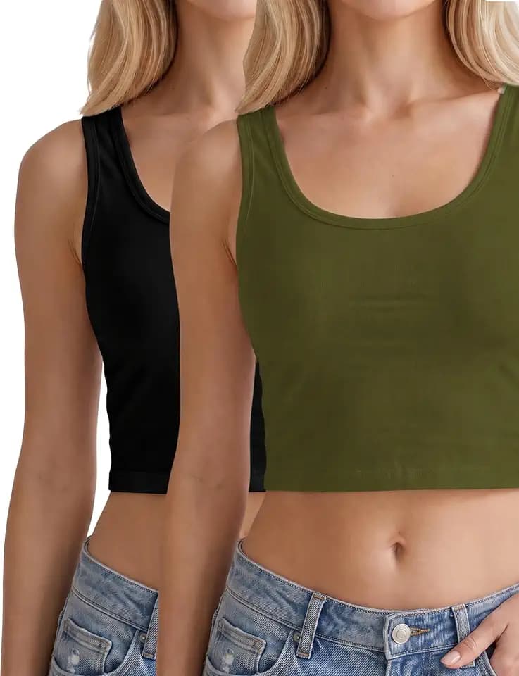 AURUZA Women's Cotton Crop Tank Tops 2 Pack, U Neck Sleeveless Soft Stretch Basic Cami Tops for Daily Wear