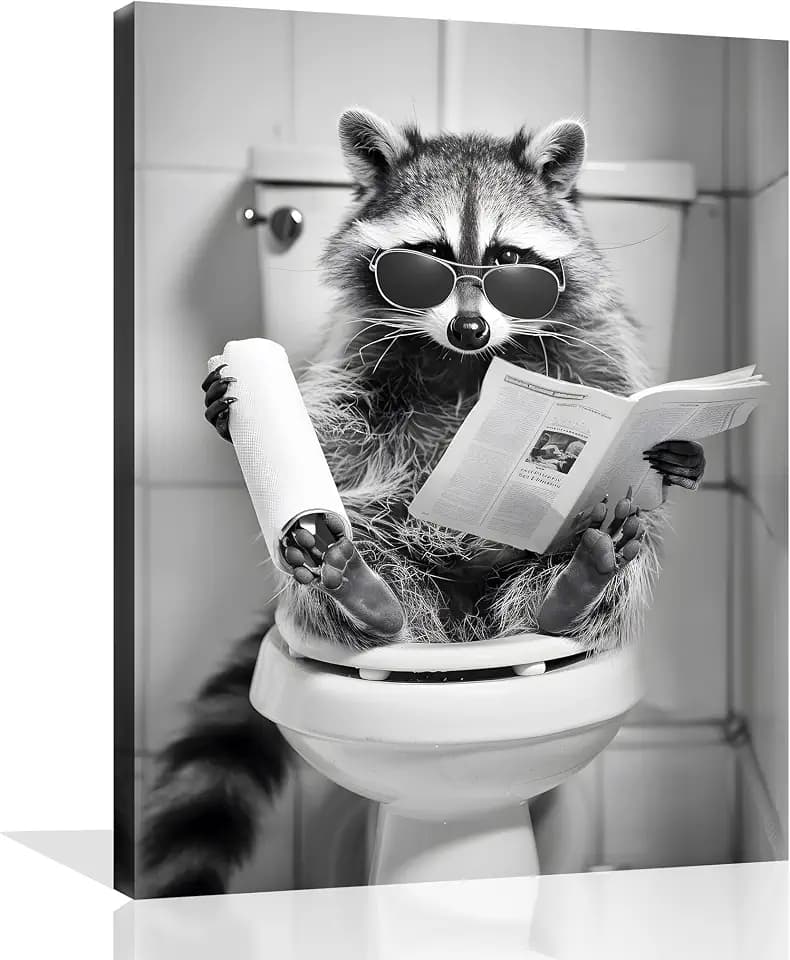 Raccoon Bathroom Canvas Wall Art Raccoon on Toilet Painting Funny Animal Bathroom Poster Black and White Animal Toilet Picture for Bath Restroom Framed 12x16 inch