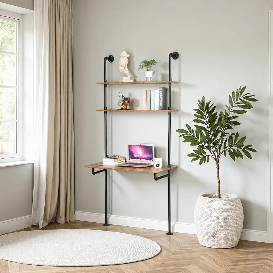 ZIOTHUM Wall Mounted Desk with Shelves, Industrial Ladder Style Floating Desk for Small Spaces, Computer Table with Storage Shelves, Rustic Pipe Bookcase for Bedroom(36x20x81in)