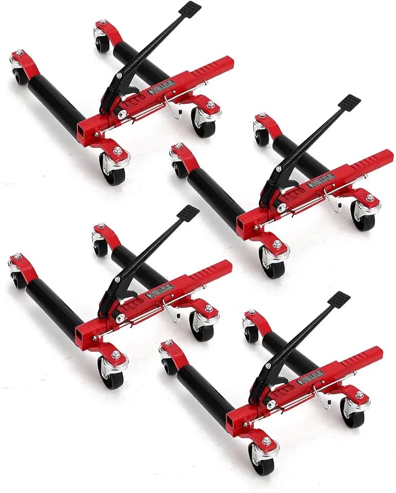 Car Wheel Dolly Jacks | 1500 LBS Capacity Each Heavy Duty Mechanical Tire Dollies | Foot Pedal Lift, Steel Twin Rollers & 4” Swivel Casters for Auto Repair Moving