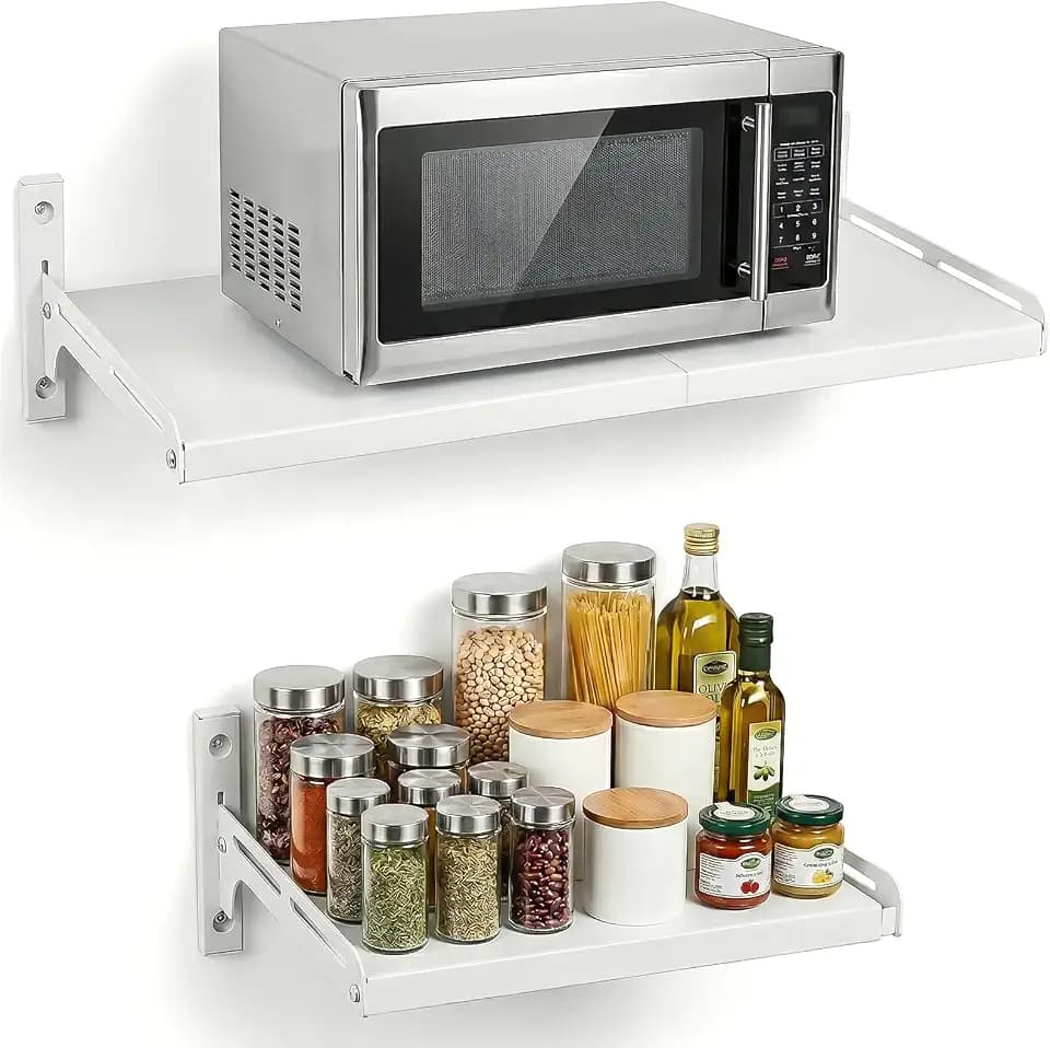 ABCOOL Wall Mount Shelf Rack Expandable for Microwave Oven Kitchen Home Adjustable Snap-in Detachable Bracket Holder with 4 Hooks