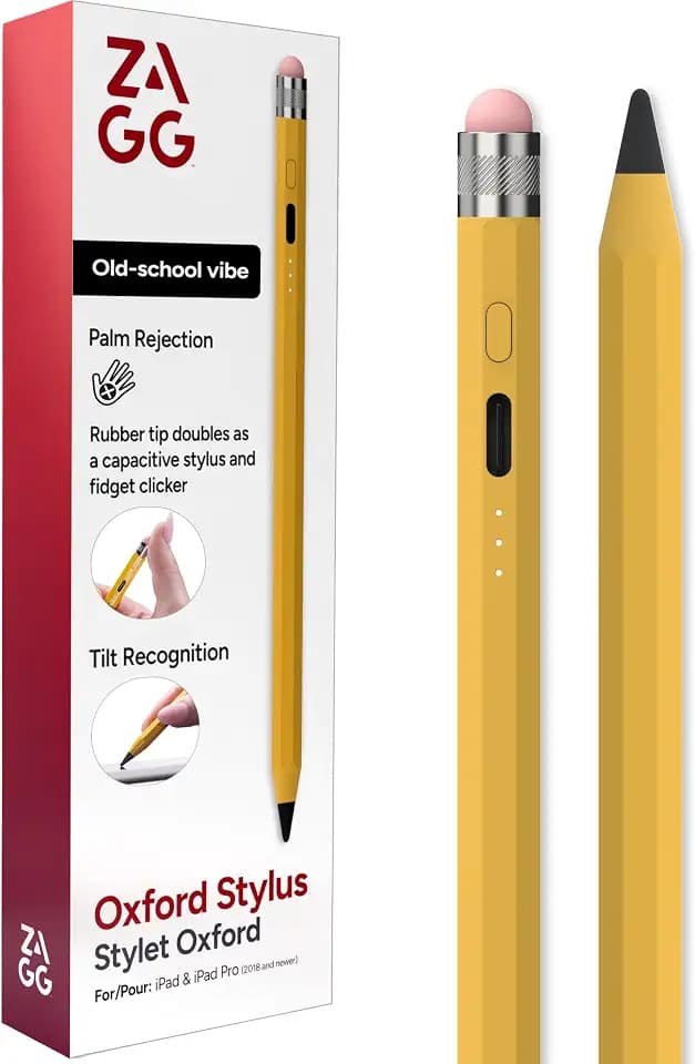 ZAGG Oxford Stylus for iPad Pro 11/13 M4 M5, iPad Air 11/13 M2 M3 M4, iPad 10/9/8/7/6th Gen/A16, Mini 6/5 A17 Pro—Pencil with Palm Rejection, Tilt Sensitivity, & Fidget Clicker
