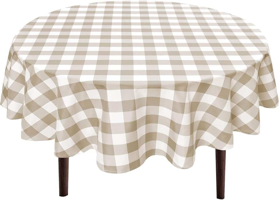 Hiasan Checkered Round Tablecloth 50 Inch Waterproof, Khaki and White