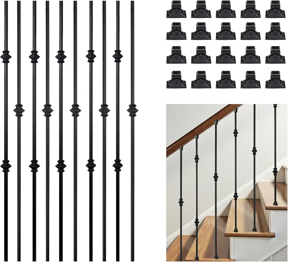 10 Pack Balusters for Staircase Interior Hollow Double and Single Knuckle Stair Spindles 1/2" Square Iron Balusters with 20 Swivel Shoes(A341-10)