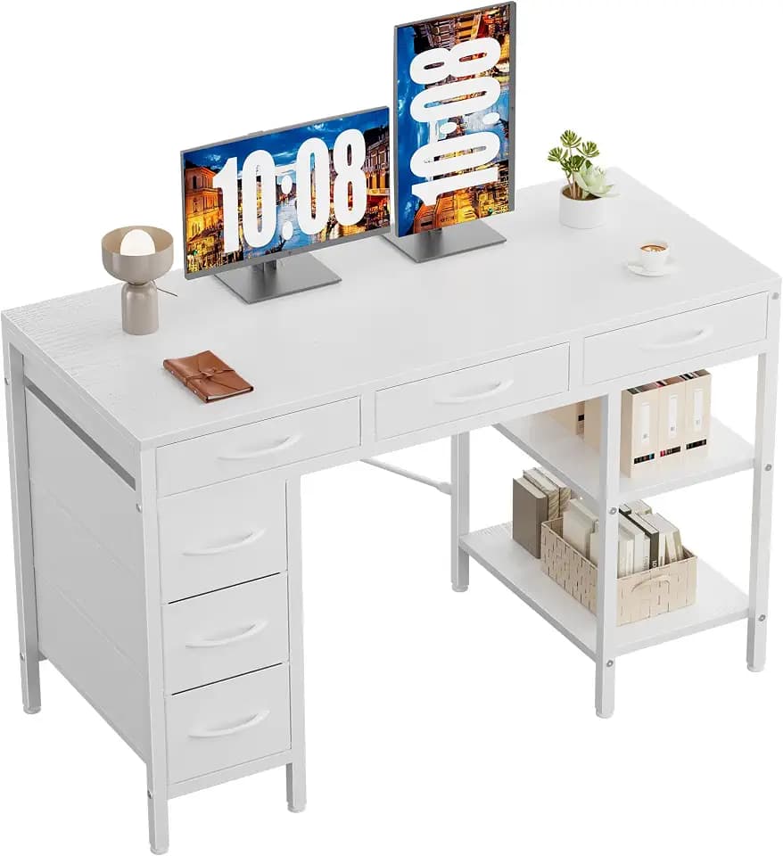Sweetcrispy 47" Computer Desk with 6 Fabric Drawers & Storage Shelves