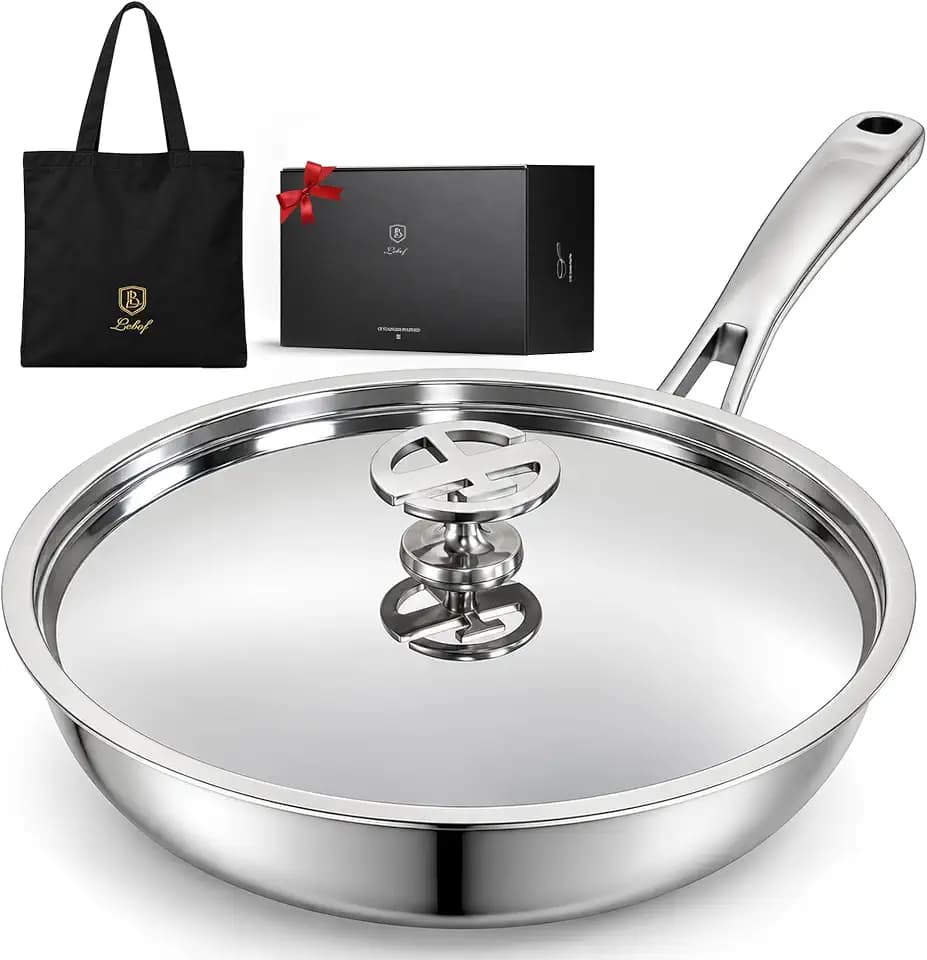 12-Inch 316 Stainless Steel Frying Pan with Lid, Heat-Control Base