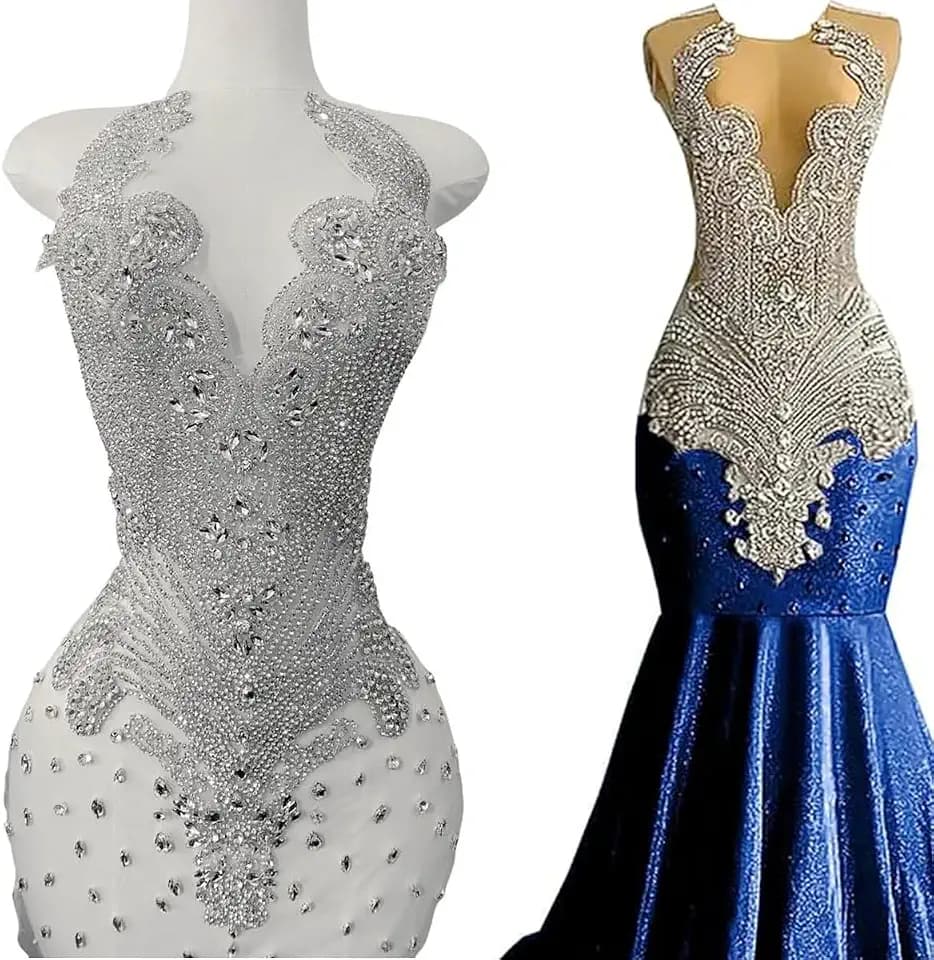 Large Handmade Beaded Crystal Patches Bodice Glass Rhinestone Applique Designs for Prom Formal Dress (Silver)