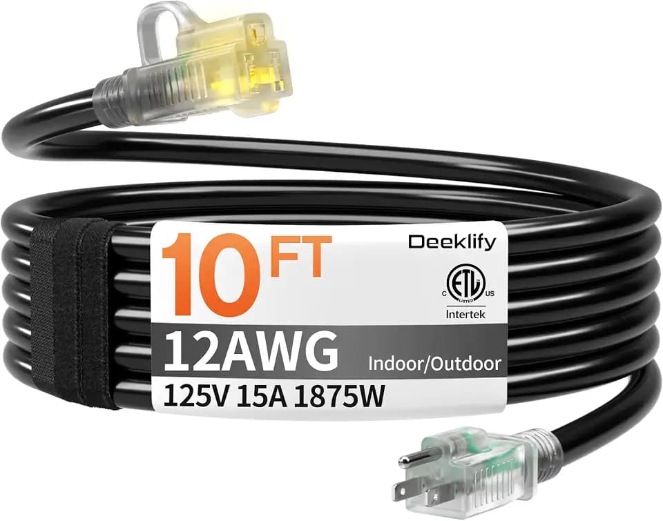 12 Gauge 10 FT Heavy Duty Outdoor Extension Cord Waterproof Black
