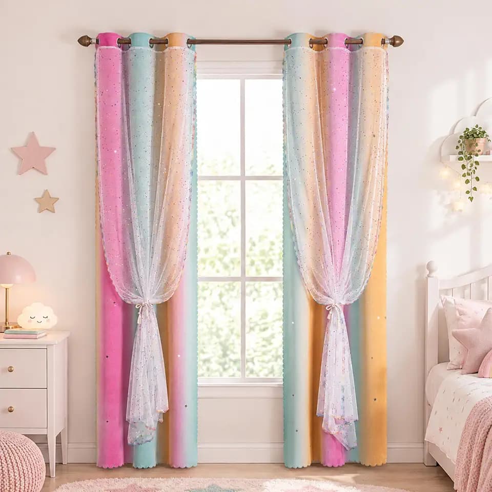 Kids & Girls Rainbow Ombre Double Layer Star Cutout Blackout Curtains with Foil Print Sheer, 2 Panels Set for Bedroom, Nursery, Living Room - Orange Green Magenta, 34W x 84L