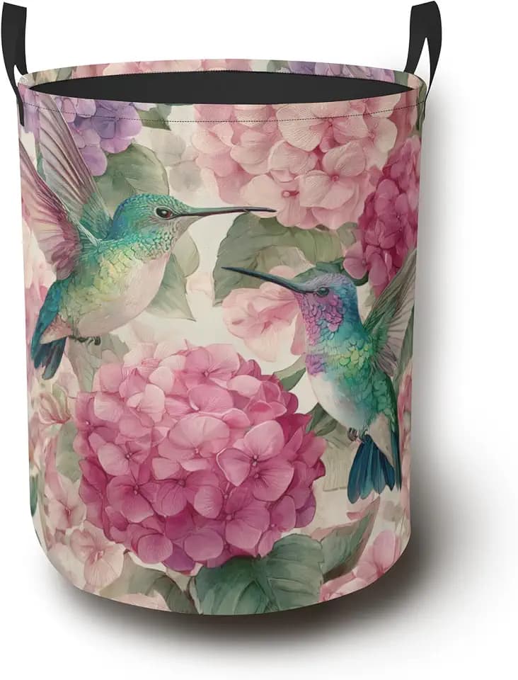 Hummingbird Laundry Hamper with Handles,Pink Flower Collapsible Waterproof Storage Basket for Dirty Clothes Books Round Organizer Bin for Bathroom Bedroom College Dorms 16" x 20.8"