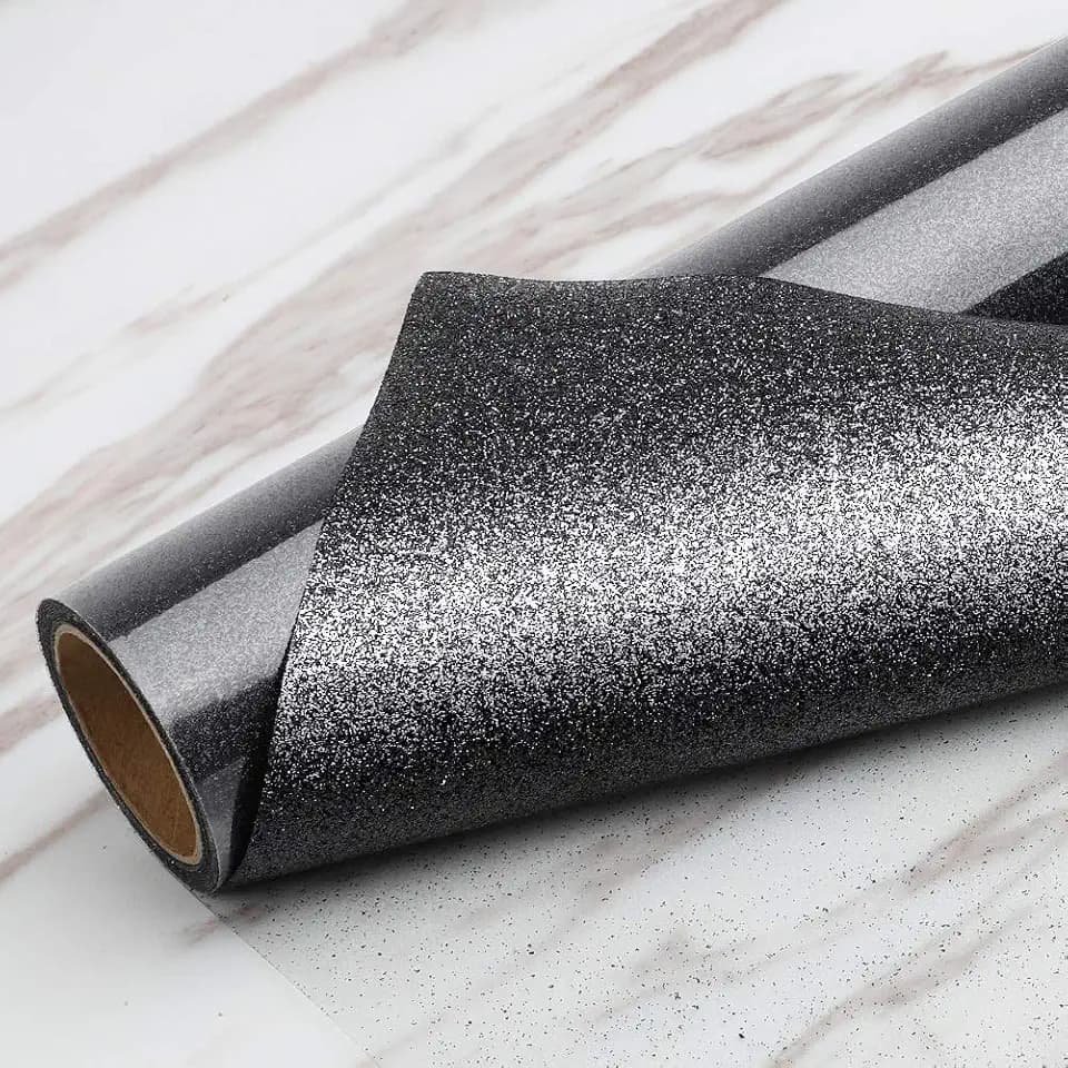 TransWonder Black Glitter HTV Heat Transfer Vinyl 12inx5ft Glitter Iron on Vinyl HTV Vinyl for Cricut T Shirts (Black)