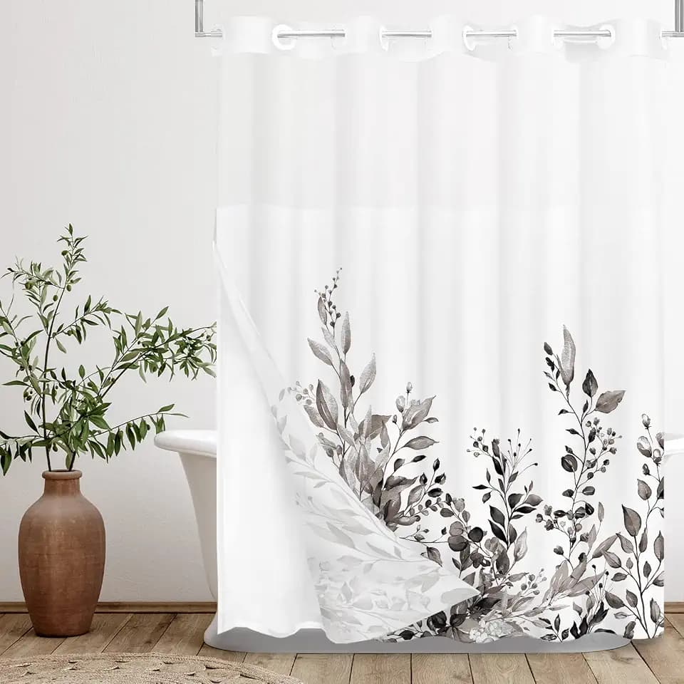 Tititex No Hooks Snap in Liner Black Eucalyptus Leaves Shower Curtain Sets, Hotel Luxury Double Layers Waterproof Fabric & See-Through Top Window Bathroom Decorative 72x72 Inch