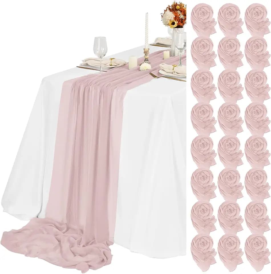 Teruntrue 24 Packs Pink Cheesecloth Table Runner,10ft Rustic Gauze Boho Wedding Table Runner Decoration, Wedding Table Decor Sheer Table Runner for Wedding Party Bridal Shower Table