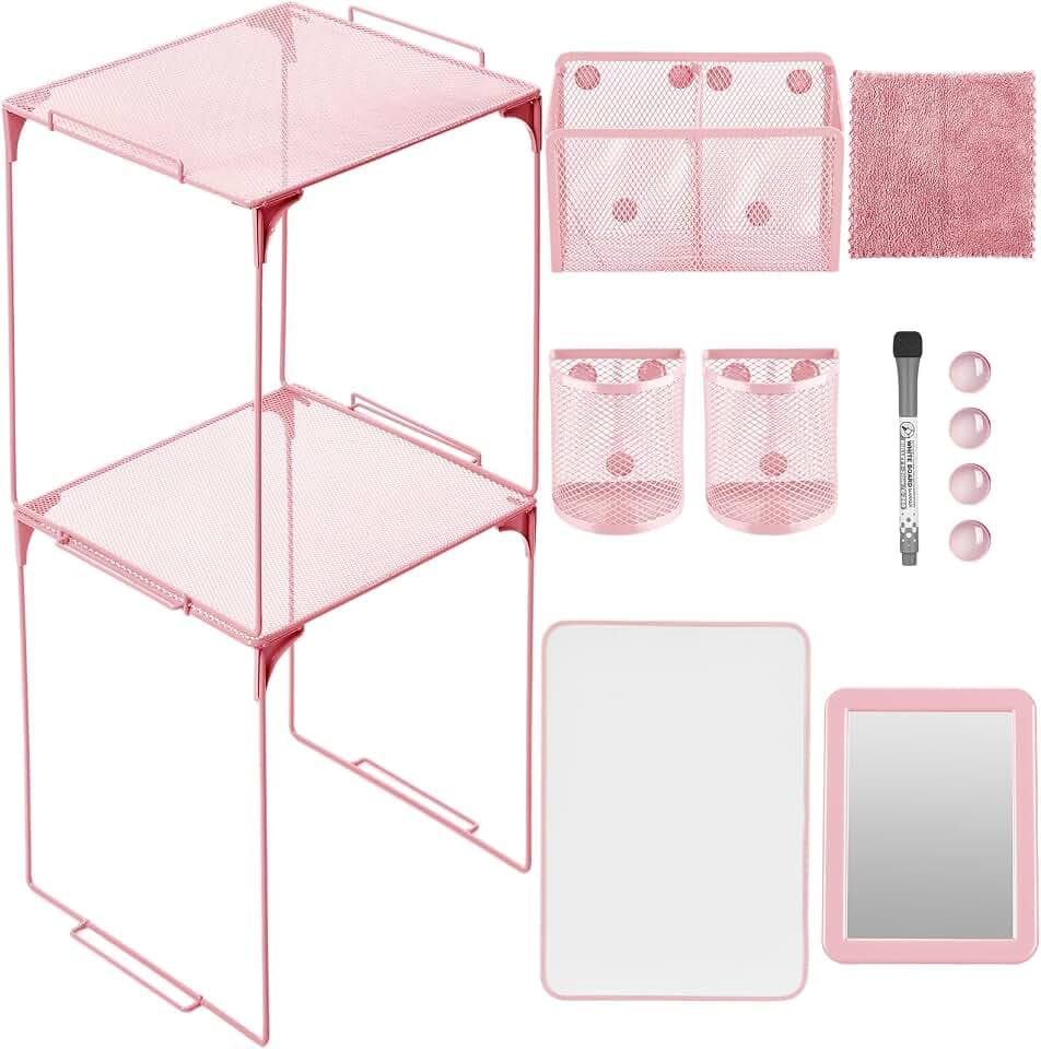 Ctosree 13 Pcs Locker Organizer Kit Stackable Mesh Shelves School, Pink