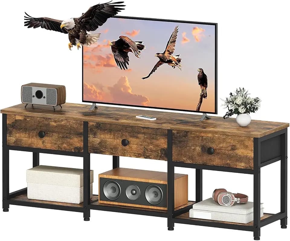 YATINEY TV Stand with 3 Fabric Drawers for up to 50 Inch TV, 47.2" Industrial Media Console, Entertainment Center with Shelves for Living Room, Bedroom, Home Office, Rustic Brown and Black DS12BR