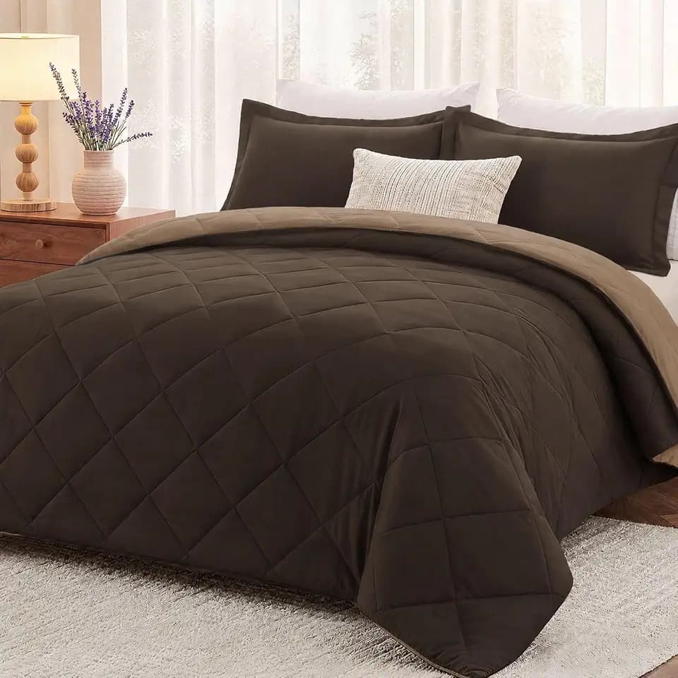 downluxe King Comforter Set Soft Reversible 3 Pieces, Brown/Tan
