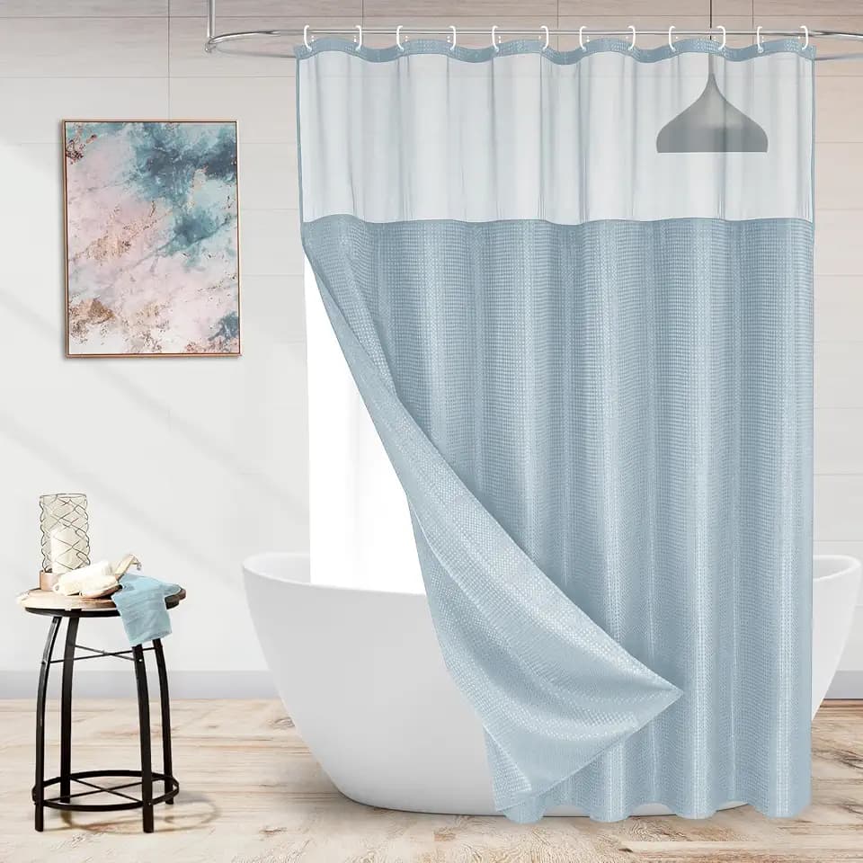 Luxury Textured Fabric Shower Curtainwith Snap-in Liner Fog Blue,72x78