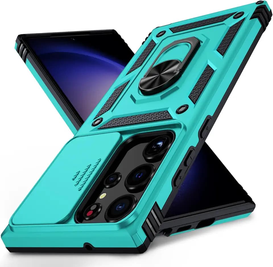 for Samsung Galaxy S23 Ultra Case with Camera Lens Cover,10 FT Military Grade Drop Protection, Magnetic Ring Holder Kickstand Protective Phone Case for Samsung Galaxy S23 Ultra, Ice Green
