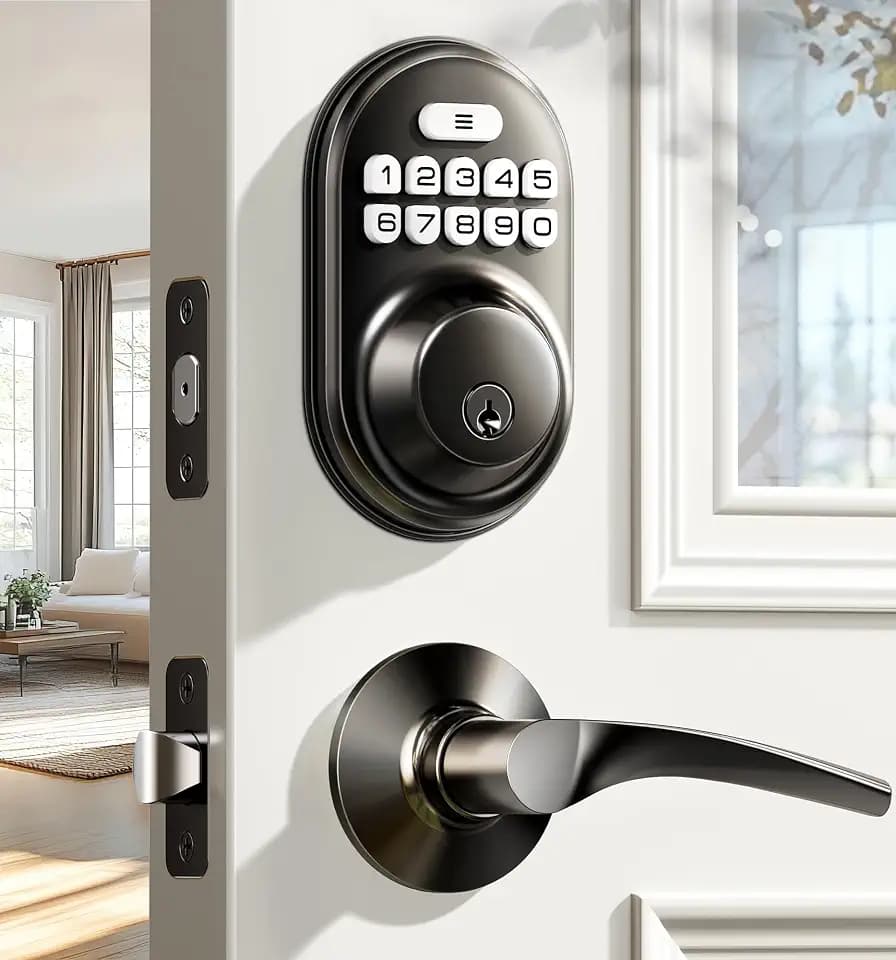 Veise RZ-C Keyless Entry Door Lock with 2 Lever Handles, Matte Black