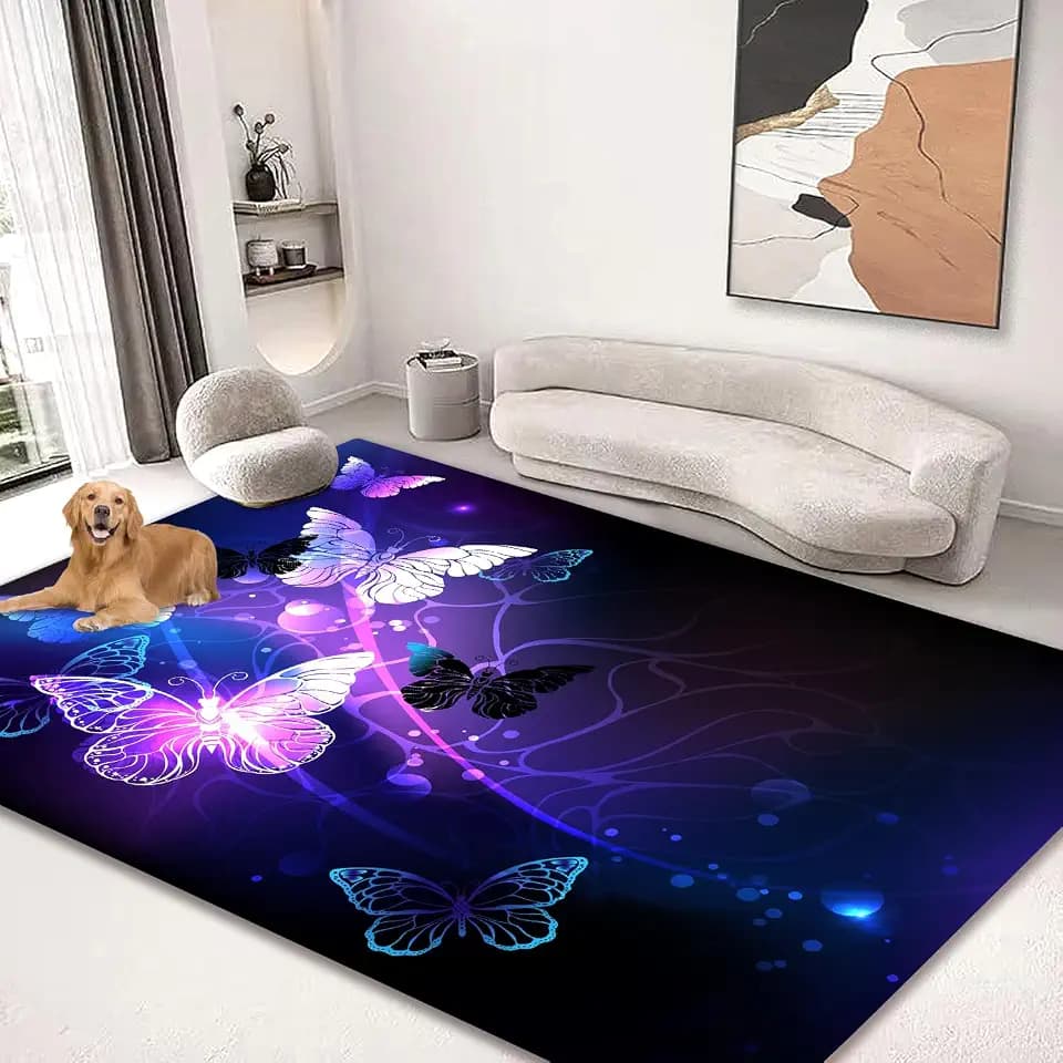 QH Glowing Night Butterfly Area Rug 5'x6' Floor Mats Washable Non-Slip Large Rugs for Living Room Kitchen Bedroom Dining Room Outdoor Home Decor