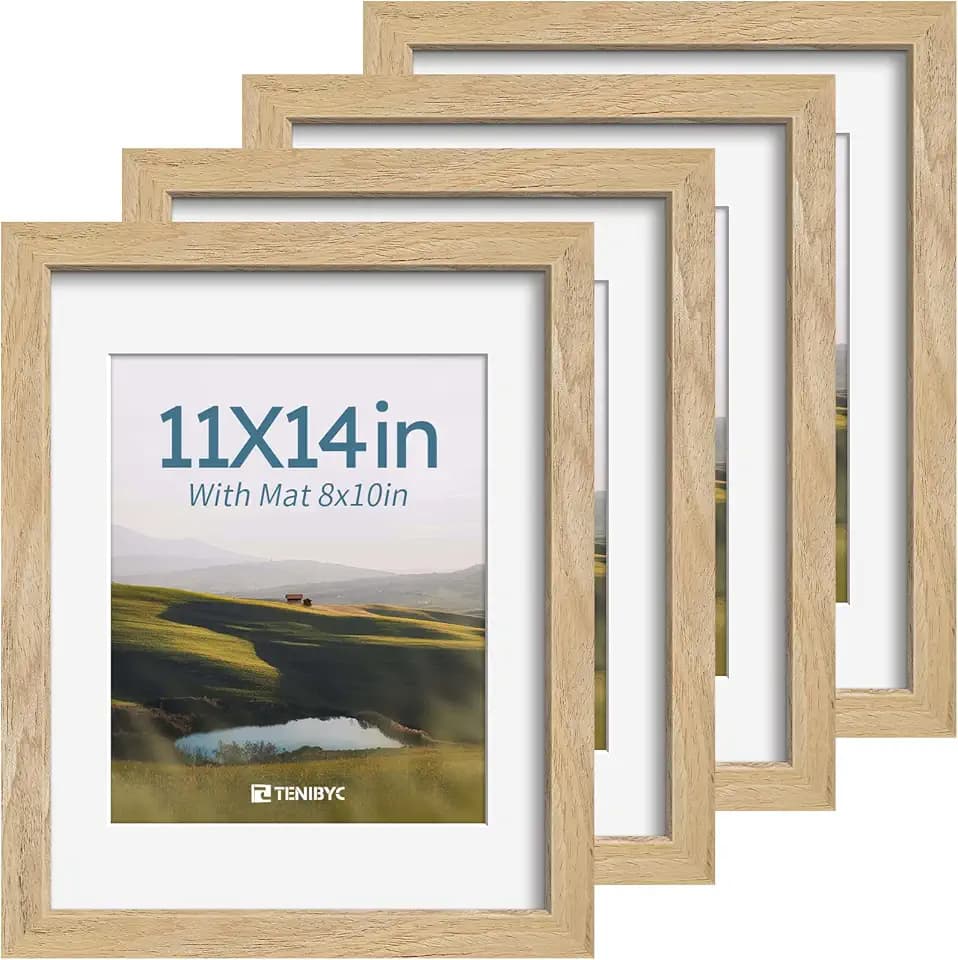 11x14 Picture Frame 4 Pack, 8x10 Mat, Natural Wood, Glass