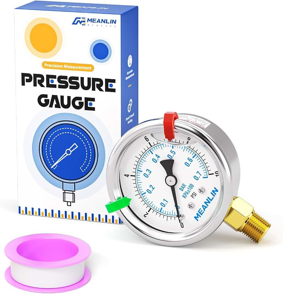 MEANLIN MEASURE 0~10Psi Stainless Steel Liquid Filled Pressure Gauge, 1/4" NPT 2.5" Luminous Dial, Glycerin Filled for WOG Water Oil Air Lower Mount with 2PCS Snaps