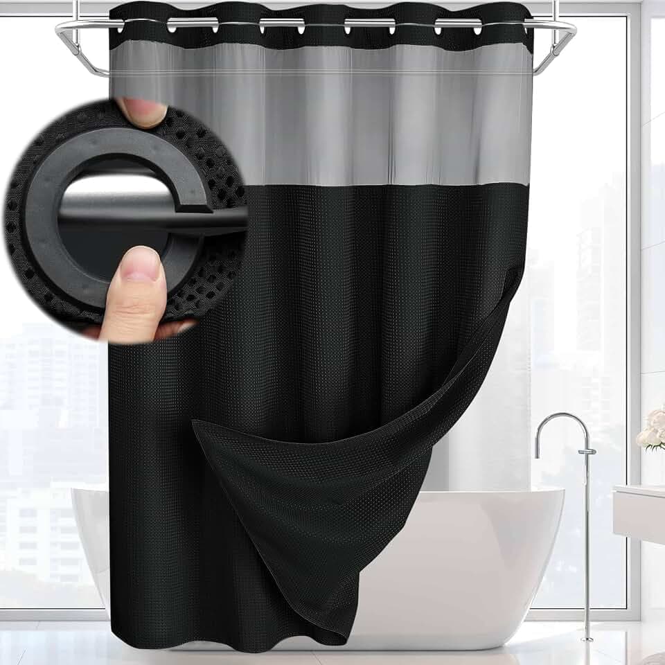 No Hook Shower Curtain with Liner Set Hotel Waffle Curtain Black 72W X 75L