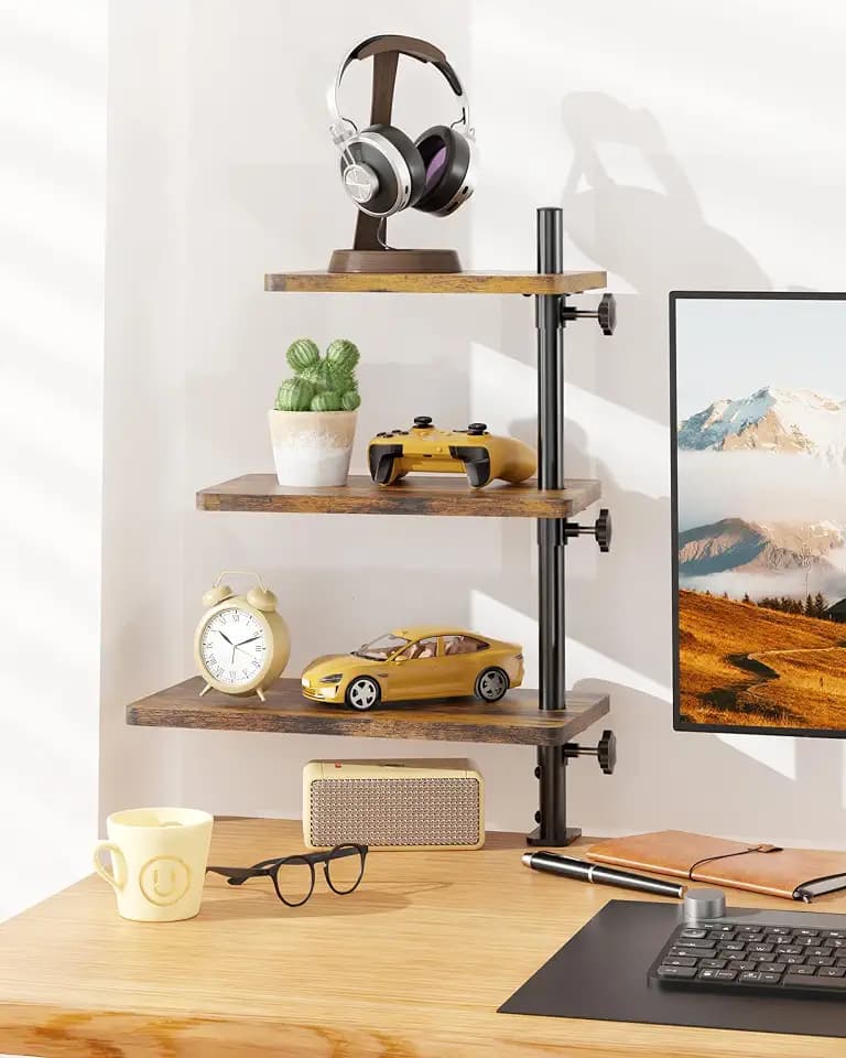 3 Tiers Clamp On Desk Shelf, 360° Angle Adjustable Desktop Shelf Organizer for Home Office Gaming Room, No Drill Desk Extender Adapt to 0.4-2.16 inches Table Thick, Black Brown
