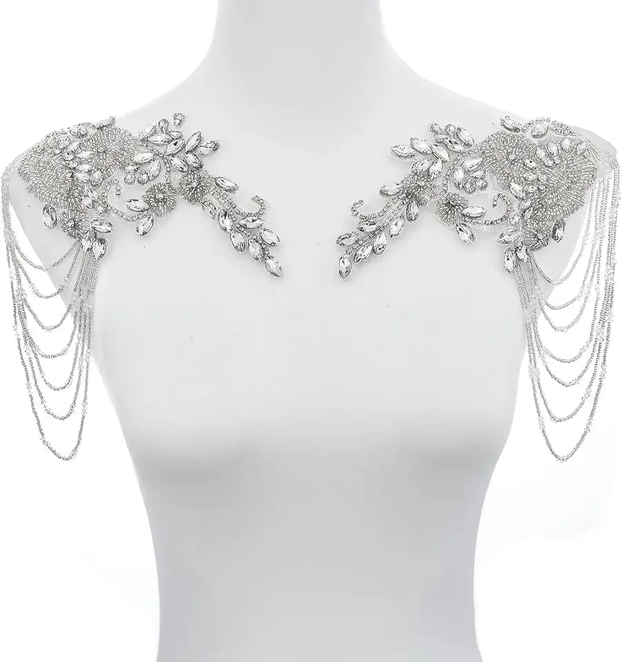 Pair Epaulettes Shoulder Patches for Dress,Beaded Rhinestones Appliques Embellishments Sew-on Diamond Sequin Applique (White)