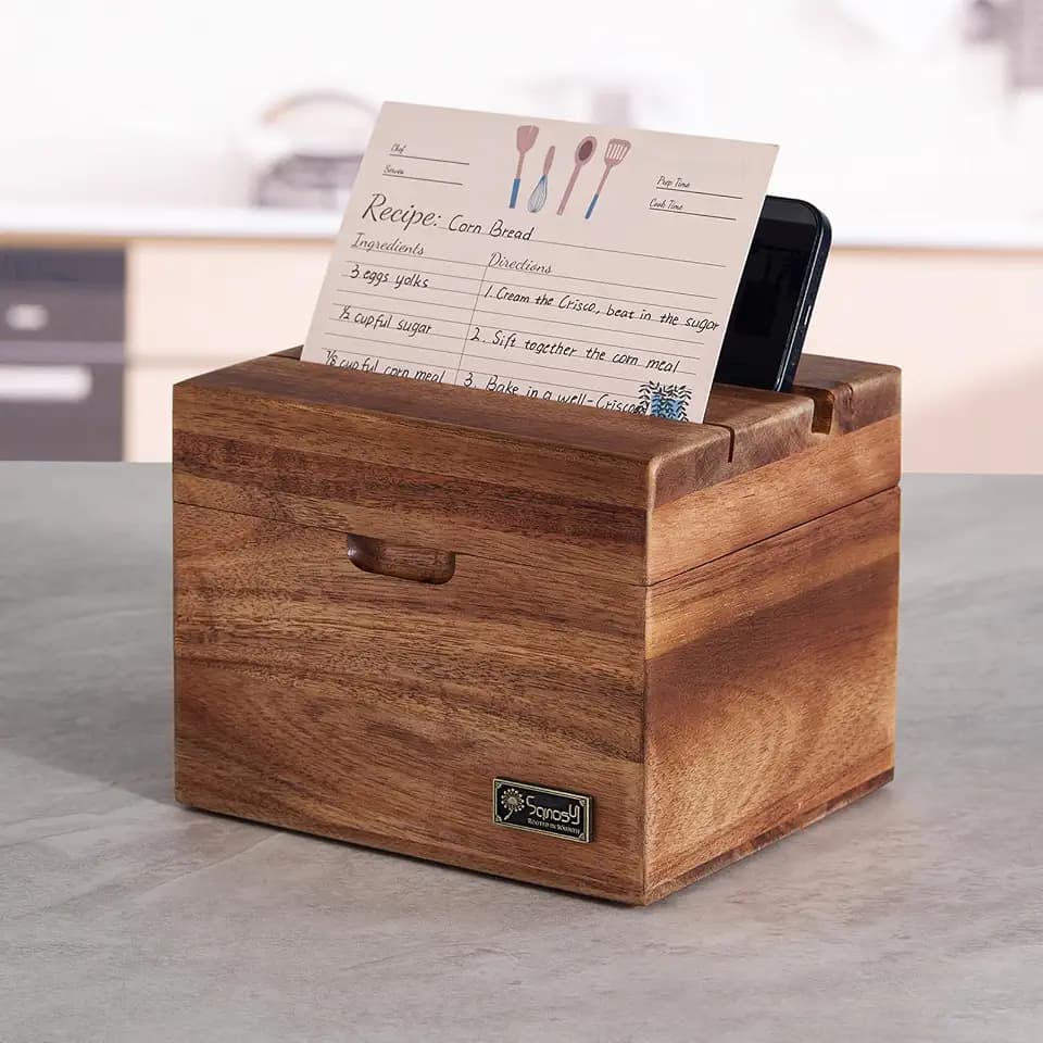 Acacia Wood Recipe Box with Phone Holder & Built-In Recipe Slot - Organizer Set with 100 4x6 Cards, Double Compartment, No Assembly Required - Gift for Cooking Lovers