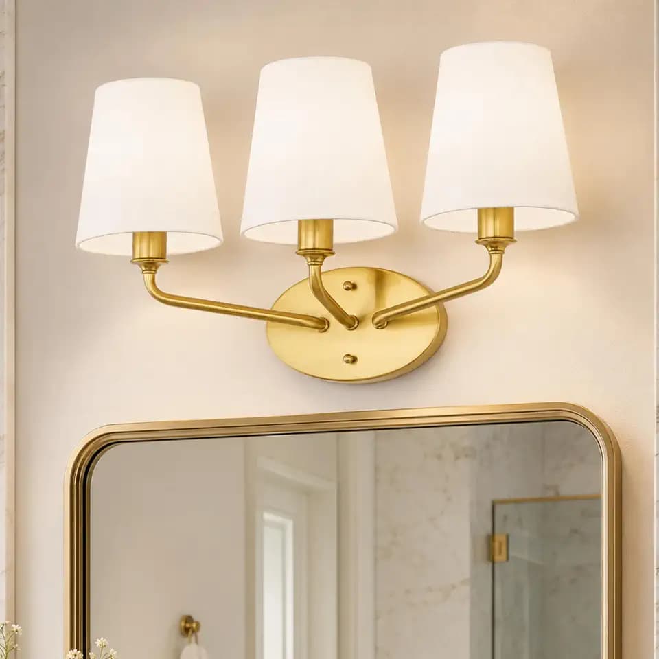 Emak 3-Light Brushed Gold Vanity Light with Fabric Shades, VL132-BGD-WF-3
