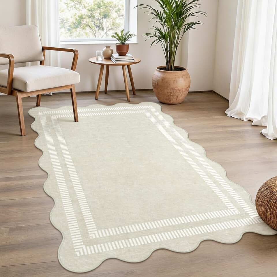 Washable 3x5 Indoor Entryway Rug, Neutral Beige Soft Non Slip Rugs Stain Resistant Scalloped Carpet for Bedroom Kitchen Nursery Home Office
