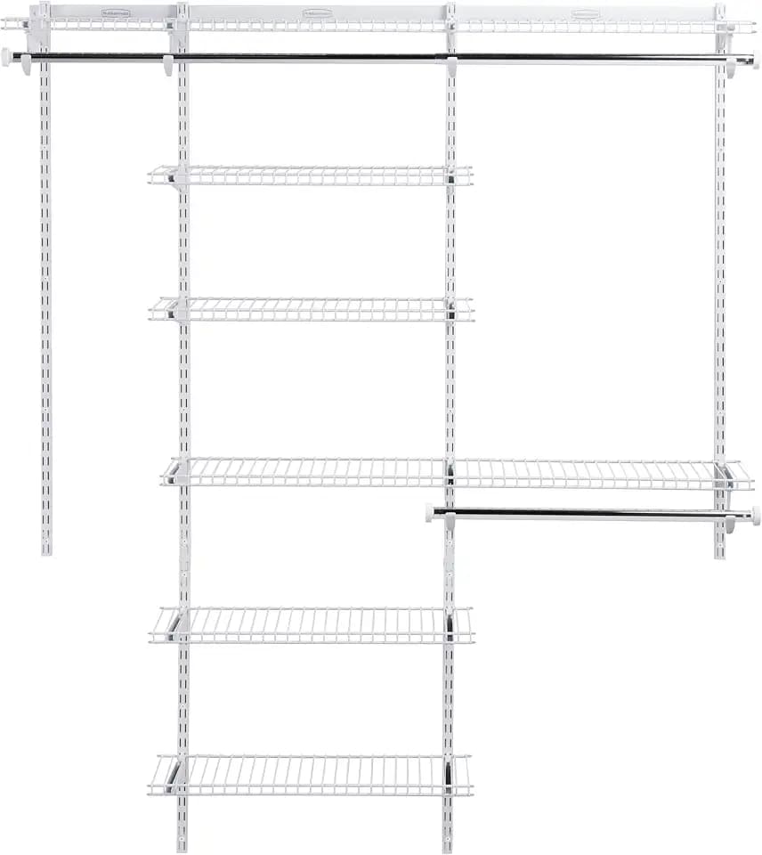 Rubbermaid Configurations Deluxe Custom Closet Kit 3-6 Ft. Adjustable Metal Wire Shelving White Finish Expandable Organization System Hardware Included for Home Closet/Pantry/Laundry/Mudroom