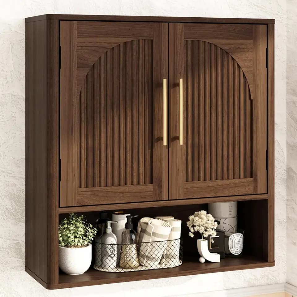 RUSTOWN Fluted Bathroom Wall Cabinet with Arched Doors & Rounded Edges