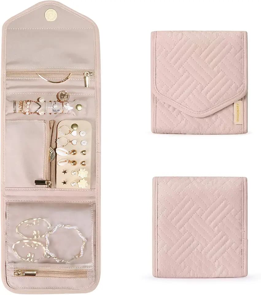BAGSMART Travel Jewelry Organizer Case Foldable Jewelry Roll,Soft Pink